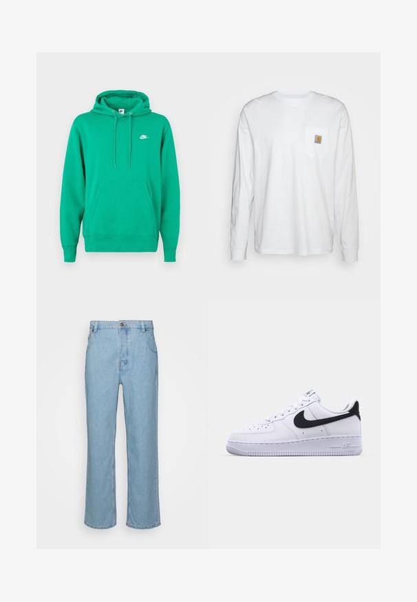 Πράσινη φόρμα Nike με τσέπη μπροστά, κουκούλα με κορδόνι και μικρό λευκό λογότυπο στο αριστερό στήθος. Μαλακό ύφασμα, κανονική εφαρμογή.; Λευκό πουκάμισο μακρύ μανίκι από βαμβάκι, με τσέπη στο στήθος που διαθέτει τετράγωνη λογότυπη ετικέτα. Απλός σχεδιασμός με στρογγυλή λαιμόκοψη και μανίκια με μανσέτες.; Ανοιχτό μπλε τζιν παντελόνι με ίσια γραμμή, που διαθέτει κλείσιμο με κουμπί, θηλιές ζώνης και δύο μπροστινές τσέπες.; Λευκό δερμάτινο αθλητικό παπούτσι με υφή μαύρου Swoosh, επίπεδα κορδόνια και καουτσούκ σόλα με ραβδωτό σχέδιο. Η λέξη "AIR" είναι ανάγλυφη στην φτέρνα.