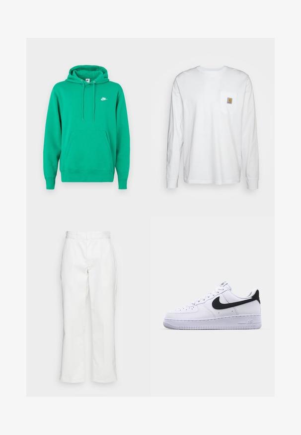 Πράσινη φόρμα Nike με τσέπη μπροστά, κουκούλα με κορδόνι και μικρό λευκό λογότυπο στο αριστερό στήθος. Μαλακό ύφασμα, κανονική εφαρμογή.; Λευκό πουκάμισο μακρύ μανίκι από βαμβάκι, με τσέπη στο στήθος που διαθέτει τετράγωνη λογότυπη ετικέτα. Απλός σχεδιασμός με στρογγυλή λαιμόκοψη και μανίκια με μανσέτες.; Λευκό βαμβακερό παντελόνι με ίσια γραμμή, τρύπες ζώνης και πλάγιες τσέπες, με λεία υφή και ελάχιστες λεπτομέρειες.; Λευκό δερμάτινο αθλητικό παπούτσι με υφή μαύρου Swoosh, επίπεδα κορδόνια και καουτσούκ σόλα με ραβδωτό σχέδιο. Η λέξη "AIR" είναι ανάγλυφη στην φτέρνα.