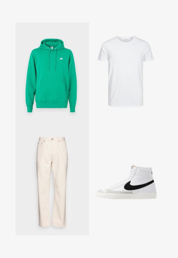 Grøn Nike hoodie med en frontlomme, hætte med snoretræk og et lille hvidt logo på venstre bryst. Blødt stof, standard pasform.; Rundhals kortærmet t-shirt i ensfarvet hvid, lavet af blød bomuld, har et simpelt design uden synlige mønstre eller detaljer.; Cremfarvet denim jeans med lige ben. Har fem lommer, frontlukning med knap og kontrasterende syninger.; Hvide høje sneakers med et sort swoosh, struktureret grå tåhætte og flad hvid sål. Har seks snørrehuller og syede detaljer.
