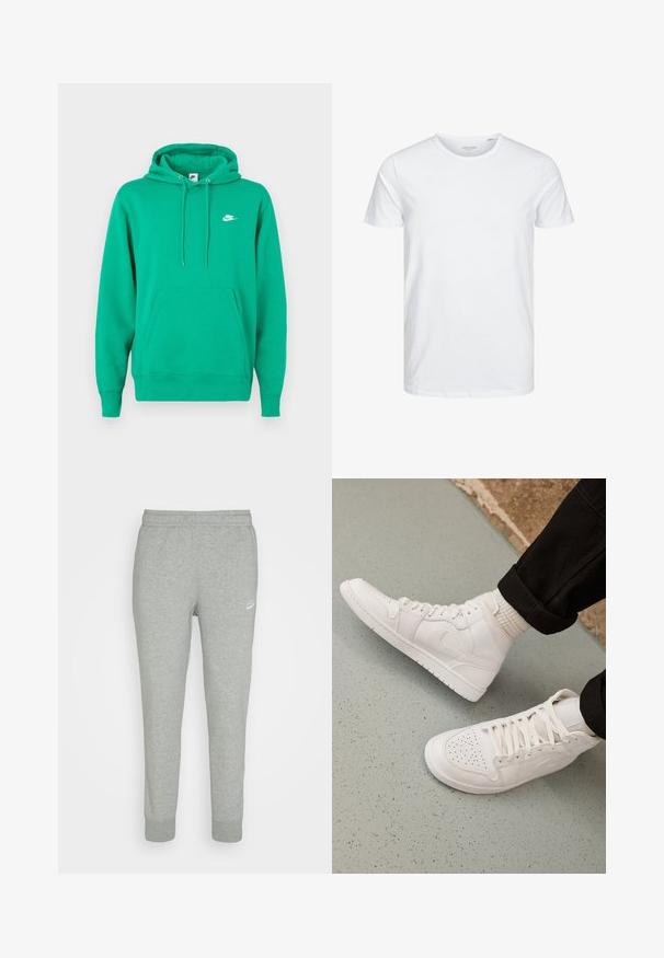 Zelená mikina Nike s vreckom na prednej strane, kapucňou so šnúrkou a malým bielym logom na ľavej hrudi. Mäkká tkanina, štandardný strih.; Tričko s okrúhlym výstrihom a krátkym rukávom v čistej bielej farbe, vyrobené z jemnej bavlny, má jednoduchý dizajn bez viditeľných vzorov alebo akcentov.; Šedé tepláky z jemnej látky s úzkym strihom, elastickým pásom a malým bielym logom Nike na ľavom stehne.; Biele vysoké tenisky vyrobené z hladkej kože s perforovaným špičkou, šnurovacím uzáverom a nenápadným logom na boku. Textúrovaná gumová podrážka.