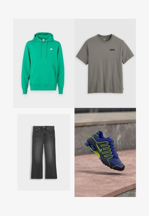 Vihreä Nike-huppari, jossa on etupussitasku, kiristettävä huppu ja pieni valkoinen logo vasemmassa rintataskussa. Pehmeä kangas, normaali istuvuus.; Vihreä Levi'sin lyhythihainen pyöreäkauluksinen t-paita, jossa musta logo vasemmassa rinnassa ja pieni punainen lippu vasemman sivusauman kohdalta.; Mustat denimi laajenevat farkut, joissa on haalistunut rengas, edessä nappisuljenta, vyölenkit ja kaksi sivutaskua.; Sininen ja neonvihreä Nike-urheilukengän näkyvillä kantajousilla, joka on ilmassa betoniporrasten yläpuolella.