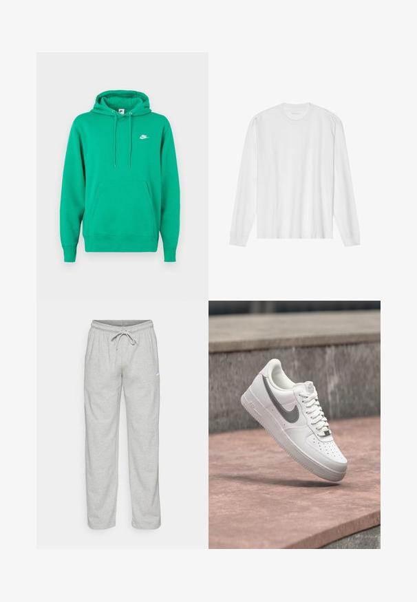 Zelená mikina Nike s vreckom na prednej strane, kapucňou so šnúrkou a malým bielym logom na ľavej hrudi. Mäkká tkanina, štandardný strih.; Biele bavlnené tričko s dlhým rukávom a okrúhlym výstrihom, s rebrovanými manžetami a rovný lemom, hladkou textúrou a minimalistickým dizajnom.; Svetlošedé teplákové nohavice vyrobené z jemného materiálu. Obsahujú elastický pás na šnurovanie a čierne logo Nike na ľavom stehne.; Biela teniska Nike Air Force 1 so sivým logom swoosh, ktorá visí nad kamenným povrchom a sivou kamennou stenou v pozadí.