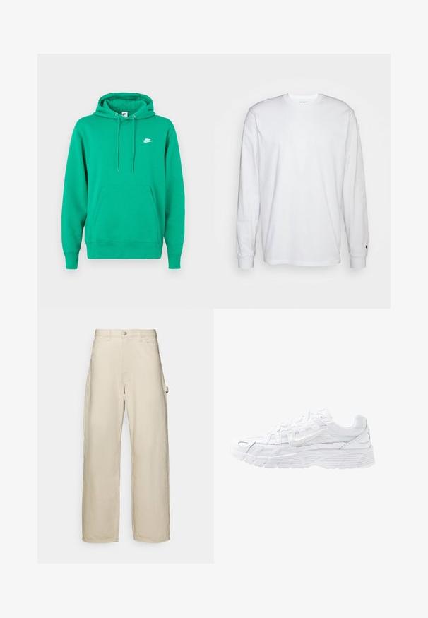 Roheline Nike kapuutsiga sviiter, millel on esine tasku, nööriga kapuuts ja väike valge logo vasakul rinnal. Pehme kangas, tavapärane lõige.; Valge pika varrukaga T-särk, mis on valmistatud puuvillast. Ümmargune kaelus, ribaga mansetid ja väike logo vasakul varrukal. Sile tekstuur.; Kreemjad laiade jalgadega püksid, mis on valmistatud puuvillase segakanga. Omavad nööbiga kinnitust, vöölukke ja külgtaskuid. Sile tekstuur.; Nike Sportswear P 6000 UNISEX - Tossud - white/platinum tint