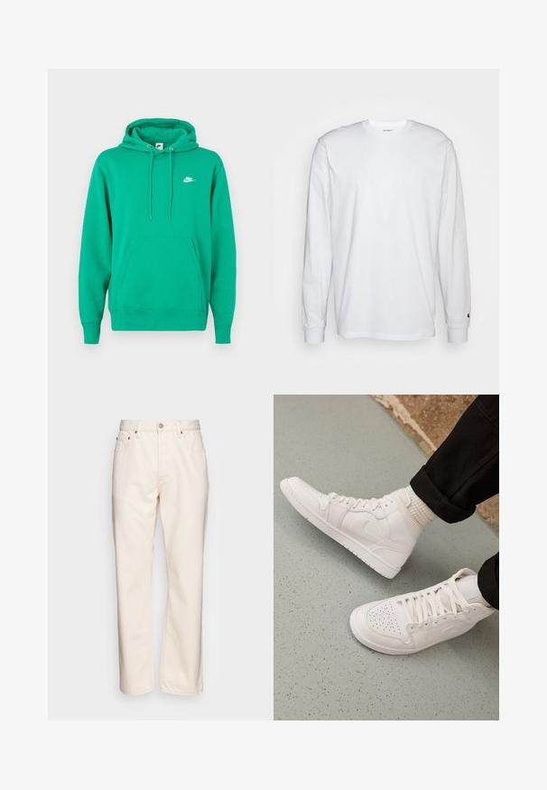Sudadera verde de Nike con un bolsillo frontal, capucha con cordón y un pequeño logo blanco en el lado izquierdo del pecho. Tejido suave, ajuste estándar.; Camiseta blanca de manga larga hecha de algodón. Diseño de cuello redondo con puños acanalados y un pequeño logo en la manga izquierda. Textura suave.; Vaqueros de denim color crema con un diseño de pierna recta. Presentan cinco bolsillos, cierre delantero con botón y detalles de costura en contraste.; Zapatillas altas blancas hechas de cuero suave con puntera perforada, cierre de cordones y sutil detalle del logo en el lateral. Suela de goma texturizada.