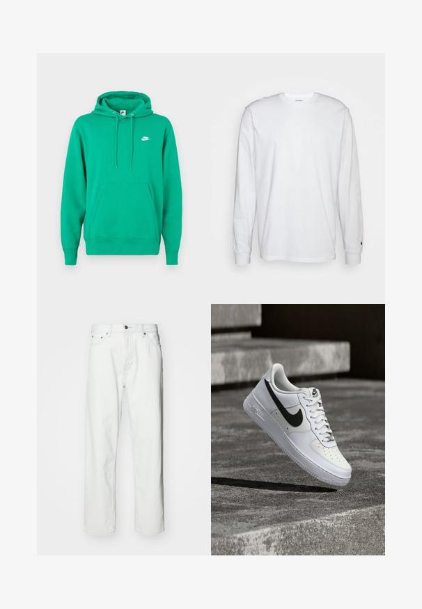 Zelená mikina Nike s vreckom na prednej strane, kapucňou so šnúrkou a malým bielym logom na ľavej hrudi. Mäkká tkanina, štandardný strih.; Biela dlhá bavlnená tričko s dlhým rukávom. Dizajn s okrúhlym výstrihom a rebrovanými manžetami, malá nášivka na ľavom rukáve. Hladká textura.; Biele džínsy z denimovej látky so strihaním rovného strihu, dizajnom s piatimi vreckami, zapínaním na gombík a jemnými švami. Hladká textúra a minimalistický štýl.; Biela teniska Nike Air Force 1 s čiernym logom swoosh, zaviazanými šnúrkami, umiestnená vo vzduchu nad textúrovaným betónovým povrchom vonku.