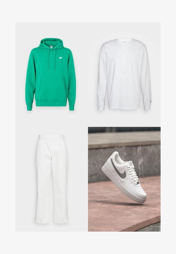 Grüner Nike-Hoodie mit einer vorderen Kängurutasche, Kapuze mit Zugband und einem kleinen weißen Logo auf der linken Brust. Weicher Stoff, normale Passform.; Weißes Langarm-T-Shirt aus Baumwolle. Rundhals-Design mit gerippten Bündchen und kleinem Logo auf dem linken Ärmel. Glatte Textur.; Weiße Baumwollhosen mit geradem Bein, Gürtelschlaufen und Seitentaschen, mit einer glatten Textur und minimaler Ausgestaltung.; Weißer Nike Air Force 1 Sneaker mit grauem Swoosh-Logo, der über einer Steinoberfläche und einem grauen Steinwandhintergrund schwebt.