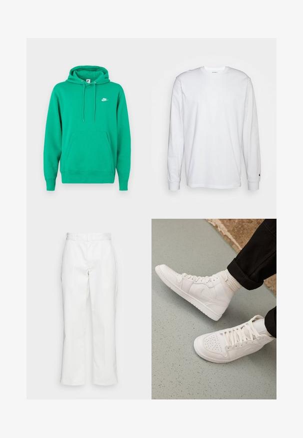Groene Nike hoodie met een voorzak, een capuchon met trekkoord en een klein wit logo op de linkerborst. Zachte stof, normale pasvorm.; Witte lange mouwen T-shirt van katoen. Ronde hals ontwerp met ribgebreide manchetten en een klein logo op de linkermouw. Gladde textuur.; Witte katoenen broek met een recht model, riemlussen en zijzakken, met een gladde textuur en minimale detaillering.; Witte hoge sneakers van glad leer met een geperforeerde teen, vetersluiting en subtiele logo-details aan de zijkant. Geprofileerde rubberen zool.