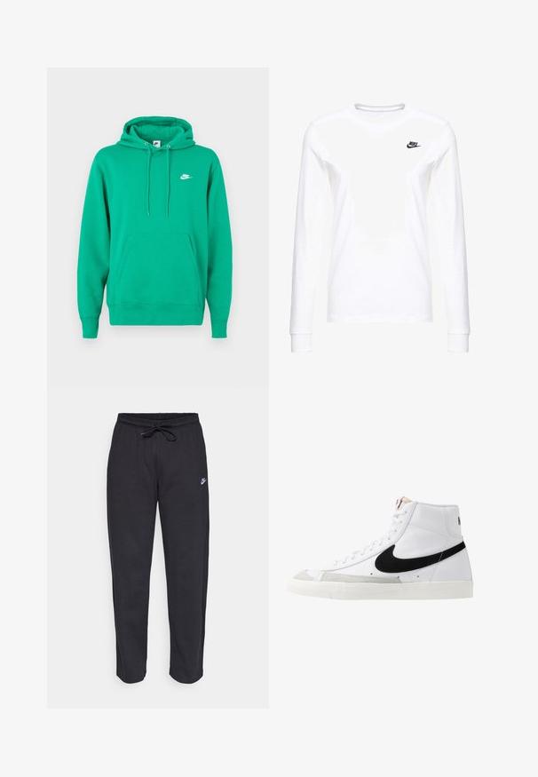 Zelená mikina Nike s vreckom na prednej strane, kapucňou so šnúrkou a malým bielym logom na ľavej hrudi. Mäkká tkanina, štandardný strih.; Biele dlhé rukávy tričko vyrobené z bavlny, s malým čiernym logom Nike na ľavej hrudi a okrúhlym výstrihom. Hladká textúra.; Čierne tepláky vyrobené z mäkkej tkaniny s elastickým pásom, sťahovacou šnúrkou a malým logom Nike na ľavom stehne.; Biele vysoké tenisky s čiernym swooshom, textúrovanou šedou špičkou a plochou bielou podrážkou. Obsahujú šesť dierok na šnúrky a prešívané akcenty.
