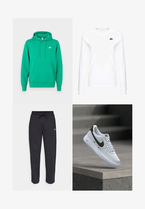 Zelená mikina Nike s vreckom na prednej strane, kapucňou so šnúrkou a malým bielym logom na ľavej hrudi. Mäkká tkanina, štandardný strih.; Biele dlhé rukávy tričko vyrobené z bavlny, s malým čiernym logom Nike na ľavej hrudi a okrúhlym výstrihom. Hladká textúra.; Čierne tepláky vyrobené z mäkkej tkaniny s elastickým pásom, sťahovacou šnúrkou a malým logom Nike na ľavom stehne.; Biela teniska Nike Air Force 1 s čiernym logom Swoosh, vznášajúca sa nad betónovým okrajom s rozmazanými schodmi na pozadí.