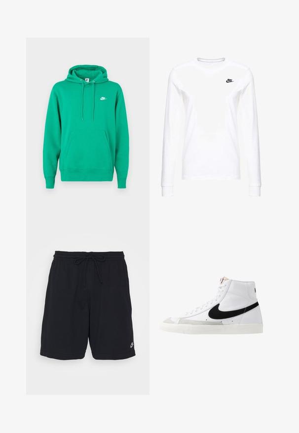 Sudadera verde de Nike con un bolsillo frontal, capucha con cordón y un pequeño logo blanco en el lado izquierdo del pecho. Tejido suave, ajuste estándar.; Camiseta blanca de manga larga hecha de algodón, con un pequeño logo negro de Nike en el lado izquierdo del pecho y un escote redondeado. Textura suave.; Pantalones cortos deportivos negros, hechos de una tela suave, con cintura elástica, cordón y un pequeño logo impreso en la parte inferior de la pierna izquierda.; Zapatillas altas blancas con un swoosh negro, una puntera texturizada en gris y suela plana blanca. Presenta seis ojales y acentos cosidos.