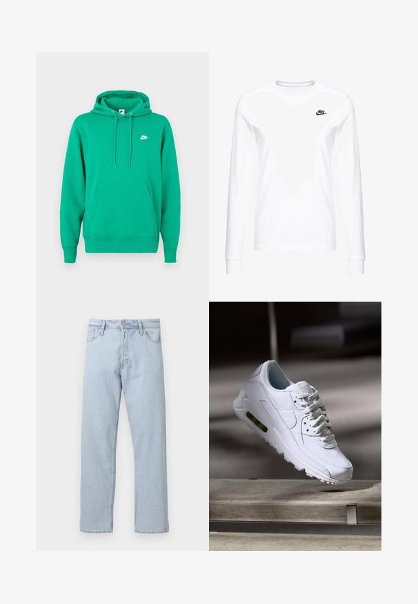 Grøn Nike hoodie med en frontlomme, hætte med snoretræk og et lille hvidt logo på venstre bryst. Blødt stof, standard pasform.; Hvid langærmet T-shirt lavet af bomuld, med et lille sort Nike-logo på venstre bryst og en rund halsudskæring. Glat tekstur.; Lyseblå jeans med lige ben, med knap- og lynlåslukning foran, bæltestropper og forlommer på hvid baggrund.; Hvide lædersneakers med teksturerede overflader, polstret krave og synlig luftpolstring i sålen. Har snørrebånd og et minimalistisk design.
