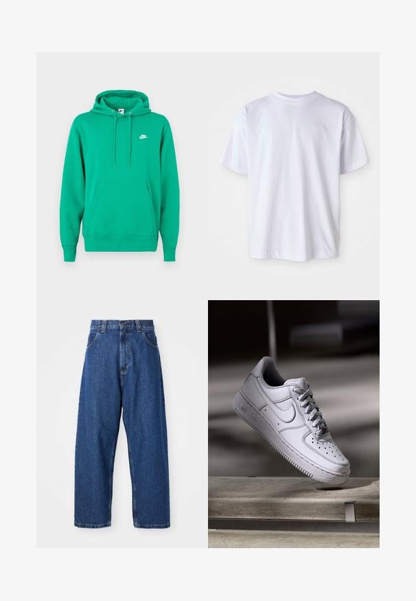 Grøn Nike hoodie med en frontlomme, hætte med snoretræk og et lille hvidt logo på venstre bryst. Blødt stof, standard pasform.; Hvid bomulds T-shirt med rund hals og korte ærmer. Har et diskret logo broderet i matchende farve på venstre bryst.; Denimwide-leg jeans i mørkeblå. Har høj talje, bæltestropper og klassisk fem-lommers design. Syet kant med en ren finish.; Hvid læder Nike Air Force 1 sneaker med perforeret tå, flade snørebånd og tekstureret gummisål med "AIR" branding på siden.