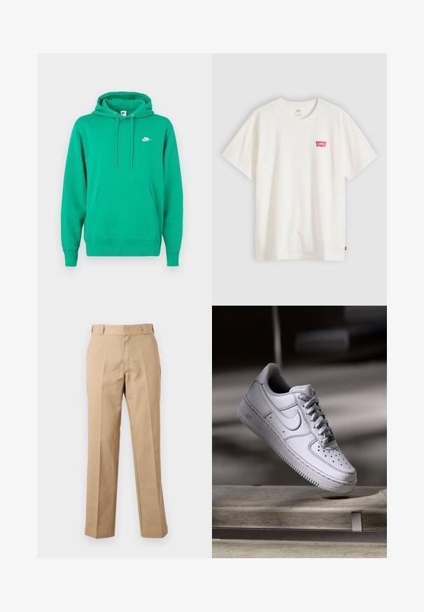 Vihreä Nike-huppari, jossa on etupussitasku, kiristettävä huppu ja pieni valkoinen logo vasemmassa rintataskussa. Pehmeä kangas, normaali istuvuus.; Valkoinen lyhythihainen puuvillainen T-paita, jossa punainen Levi's-logo vasemmalla rinnassa ja pieni punainen lippu alareunassa sivulla.; Beigenväriset suoralahkeiset housut, joissa on vyölenkit, etuvetoketju ja prässityt taitokset, esitetty yksinkertaisella valkoisella taustalla.; Valkoinen nahkainen Nike Air Force 1 -tennari, jossa on rei'itetty kärki, litteät nauhat ja kuvioitu kumipohja, jossa on "AIR"-merkintä sivulla.