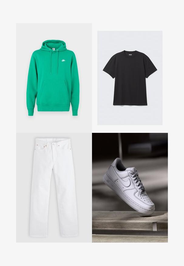 Grüner Nike-Hoodie mit einer vorderen Kängurutasche, Kapuze mit Zugband und einem kleinen weißen Logo auf der linken Brust. Weicher Stoff, normale Passform.; Schwarzes T-Shirt mit kurzen Ärmeln aus Baumwolle. Hat einen Rundhalsausschnitt und eine lockere Passform. Einfaches Design ohne sichtbare Muster oder Akzente.; Weiße Jeans mit geradem Bein, Fünf-Taschen-Design, Knopf- und Reißverschlussverschluss sowie Kupfernieten-Details an den Taschen.; Weißer Nike Air Force 1 Sneaker aus Leder mit perforierter Zehenpartie, flachen Schnürsenkeln und strukturierter Gummisohle mit "AIR"-Branding an der Seite.