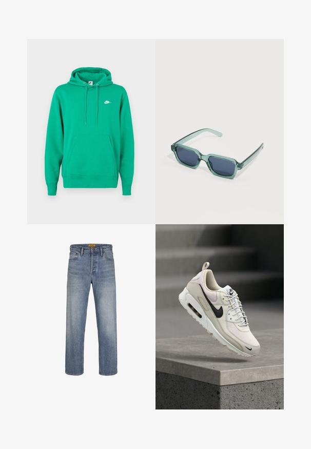 Zelená mikina Nike s vreckom na prednej strane, kapucňou so šnúrkou a malým bielym logom na ľavej hrudi. Mäkká tkanina, štandardný strih.; Svetlomodré rovné džínsy vyrobené z denimu, s vyblednutým umývaním, dizajnom s piatimi vreckami, pútkami na opasok a zapínaním na zips s gombíkovým uzáverom.; Béžovo-biele tenisky Nike Air Max s čiernym logom swoosh, bielymi šnúrkami a viditeľnou podrážkou s vzduchovým tlmením, ležiace na betónovom bloku.; Obdĺžnikové slnečné okuliare s priesvitným zeleným rámom a tmavomodrými šošovkami, položené na bielom povrchu.