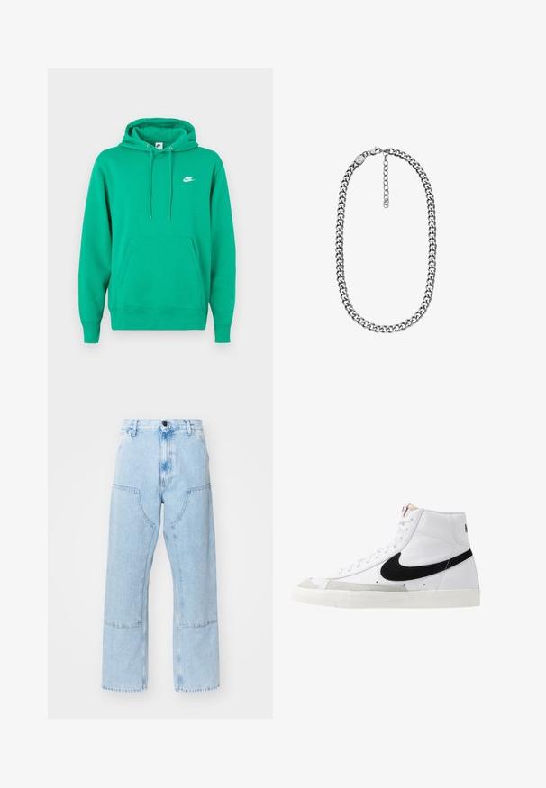 Zelená mikina Nike s vreckom na prednej strane, kapucňou so šnúrkou a malým bielym logom na ľavej hrudi. Mäkká tkanina, štandardný strih.; Svetlomodré džíny s rovnými nohavicami, veľkými prednými vreckami a kontrastným šitím. Tkanina má vyblednutú, jemnú textúru.; Biele vysoké tenisky s čiernym swooshom, textúrovanou šedou špičkou a plochou bielou podrážkou. Obsahujú šesť dierok na šnúrky a prešívané akcenty.; Náhrdelník so striebornou curb reťazou s karabínovým zapínaním a nastaviteľnou predlžovacou retiazkou na bielom pozadí.
