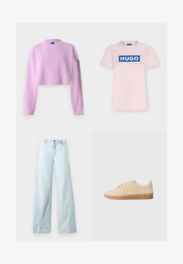 Sudadera corta de color púrpura claro con mangas largas, cuello acanalado y logo bordado en la parte frontal. Fabricada con un tejido suave y texturizado.; Camiseta de manga corta rosa claro con logotipo rectangular azul y texto blanco "HUGO" centrado en el pecho.; Vaqueros anchos de mezclilla azul claro con botón frontal, cierre de cremallera y bolsillos delanteros, exhibidos sobre un fondo liso.; Zapatilla de ante beige con punta redondeada, cierre de cordones en tono a juego y suela de goma, con marcas laterales y una textura suave.