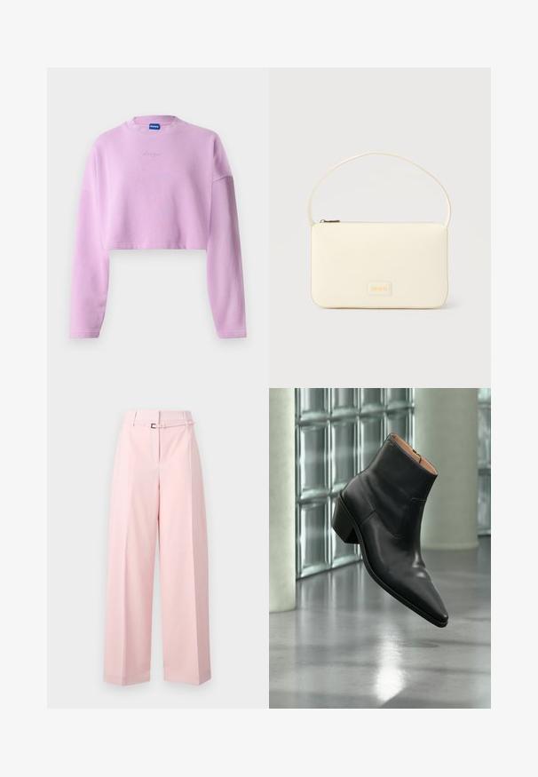 Helles lila, kurz geschnittenes Sweatshirt mit langen Ärmeln, geripptem Halsbündchen und gesticktem Logo auf der Vorderseite. Hergestellt aus weichem, strukturiertem Stoff.; Hosen mit weitem Bein in sanftem Rosa, mit hoher Taille, einem Gürtel mit silberner Schnalle und dezenten Falten für zusätzliche Struktur.; Schwarzer Leder-Stiefelette mit spitzer Schuhspitze und Blockabsatz, der über einem reflektierenden grauen Boden nahe einer Glassteinwand schwebt.; Rechteckige Handtasche in Cremefarbe mit einem einzelnen Trageriemen und Reißverschluss oben, ausgestattet mit einer kleinen, geprägten Logoplakette vorne.
