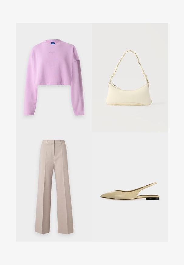 Sweat-shirt court violet clair avec manches longues, encolure côtelée et logo brodé à l'avant. Fabriqué à partir d'un tissu doux et texturé.; Pantalons beige à jambes larges en tissu lisse, avec une taille haute, des plis avant et une silhouette ajustée.; Chaussure plate beige à bout pointu avec bride arrière, petit talon noir et finition en cuir lisse, vue de côté sur un fond uni.; Petit sac à main couleur crème avec une forme incurvée et une poignée en chaîne torsadée ton or, fermeture éclair sur le dessus