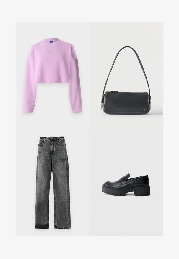 Helles lila, kurz geschnittenes Sweatshirt mit langen Ärmeln, geripptem Halsbündchen und gesticktem Logo auf der Vorderseite. Hergestellt aus weichem, strukturiertem Stoff.; Schwarze Jeans mit weitem Bein und ausgewaschenem Look, distressed Details an der Vorderseite und klassischem Fünf-Taschen-Design.; Schwarzer klobiger Plateau-Schlüpfschuh mit glattem Lederoberteil, dekorativem Riemen und dicker strukturierter Sohle auf weißem Hintergrund.; Schwarze rechteckige Lederschultertasche mit goldenem Reißverschluss und kleinem goldenem "HUGO"-Logo auf der Vorderseite, mit verstellbarem Riemen und Schnalle.