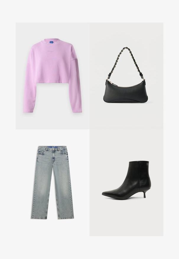 Lichtpaarse cropped sweatshirt met lange mouwen, geribbelde halslijn en geborduurd logo op de voorkant. Gemaakt van zachte, textuele stof.; Lichtblauwe wijde jeans van denim, met vervaagde gebieden, vijf zakken en een blauwe tailleband met merk.; Zwart leren enkellaars met puntige neus en lage kittenhak op lichte achtergrond, zijaanzicht buitenkant.; Zwarte lederen schoudertas met een gebogen rechthoekige vorm, gouden ketting verweven in een gevlochten zwarte band, en een ritssluiting bovenop.
