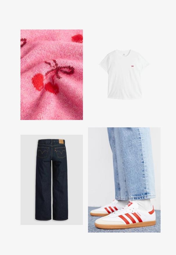 Strikket lyserød sweaterstof med en glat tekstur, der har røde kirsebærmønstre og mørkere nuancer. Baggrunden viser et blødt, fuzzy udseende.; Hvid bomuld T-shirt med korte ærmer og rund hals. Har en lille rød Levi's-logo på venstre bryst. Glat tekstur.; Skridtkorte viddejeans i mørk indigoblå denim med høj talje, to baglommer med buede sømme og et lædermærke ved linningen.; Hvide lædersneakers med røde striber og accenter. Har en tekstureret gummisål og polstret krave. Bæres med lyseblå denim.
