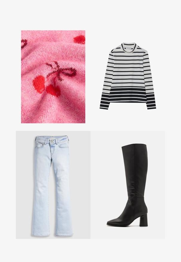 Tissu de pull en tricot rose avec une texture lisse, présentant des motifs de cerises rouges et des accents plus foncés. L'arrière-plan met en valeur un aspect doux et duveteux.; T-shirt à manches longues en coton, présentant des rayures horizontales noires et blanches, un col montant haut et une coupe décontractée avec des fentes sur les côtés.; Jean évasé en denim bleu clair à taille haute, avec fermeture à boutons, cinq poches et un léger effet froissé au niveau des hanches.; Botte noire haute jusqu'au genou en cuir lisse. Présente un bout pointu et un large talon texturé en blocs. Détails de couture minimaux.