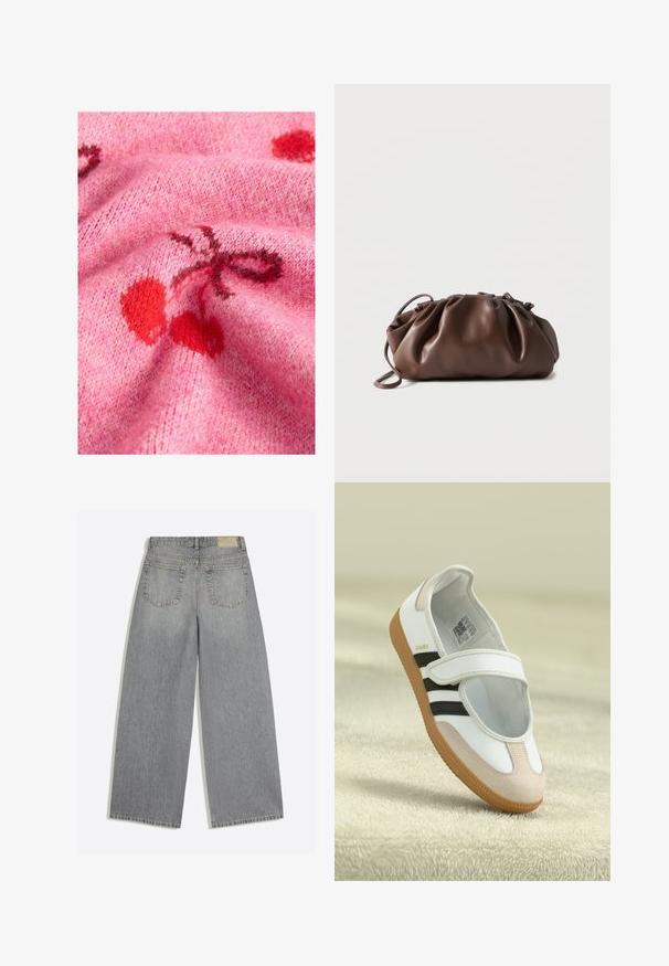 Strikket lyserød sweaterstof med en glat tekstur, der har røde kirsebærmønstre og mørkere nuancer. Baggrunden viser et blødt, fuzzy udseende.; Grå vidbenede denimjeans der viser bagsiden med to lommer og bæltestropper lagt fladt på hvid baggrund.; Hvid sko med en lyserød ruskindforfod, sorte striber og en velcrorem. Har en lys gummi sål og et logo på siden.; Blød brun læderpung med samlet top og tynd strop, hvilende på hvid baggrund.