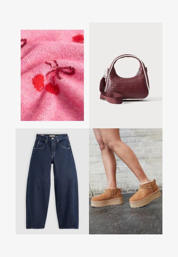 Tissu de pull en tricot rose avec une texture lisse, présentant des motifs de cerises rouges et des accents plus foncés. L'arrière-plan met en valeur un aspect doux et duveteux.; Jean en denim bleu foncé, à coupe ample, avec des coutures claires, cinq poches et un bouton de fermeture à la taille.; Bottines en suède marron avec une doublure en peluche, semelle épaisse en beige et une poignée à l'arrière. Surface texturée avec des détails de couture visibles.; Sac à main en cuir tressé marron foncé avec poignée courbée, garniture blanche, fermeture éclair argentée et bandoulière large en tissu amovible sur fond uni.