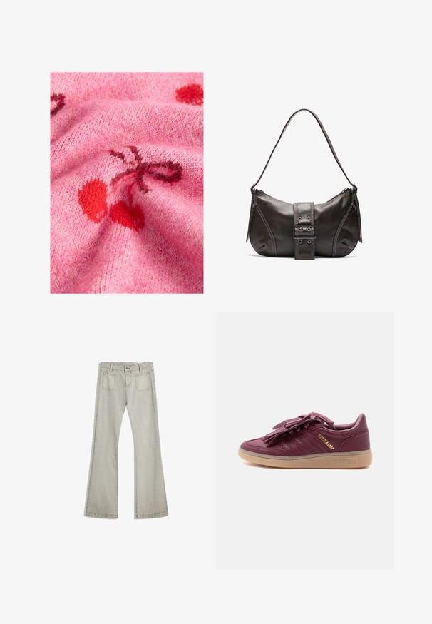 Tissu de pull en tricot rose avec une texture lisse, présentant des motifs de cerises rouges et des accents plus foncés. L'arrière-plan met en valeur un aspect doux et duveteux.; Jean évasé en denim gris clair, avec une fermeture à bouton, cinq poches et des détails de couture subtils le long des coutures.; Baskets Adidas Spezial bordeaux avec semelle en caoutchouc, logo doré sur le côté et rabat à franges couvrant les lacets, sur fond blanc uni.; Sac à épaule en cuir marron avec une forme courbée, présentant un détail de boucle proéminent, des coutures contrastantes et une seule bandoulière.