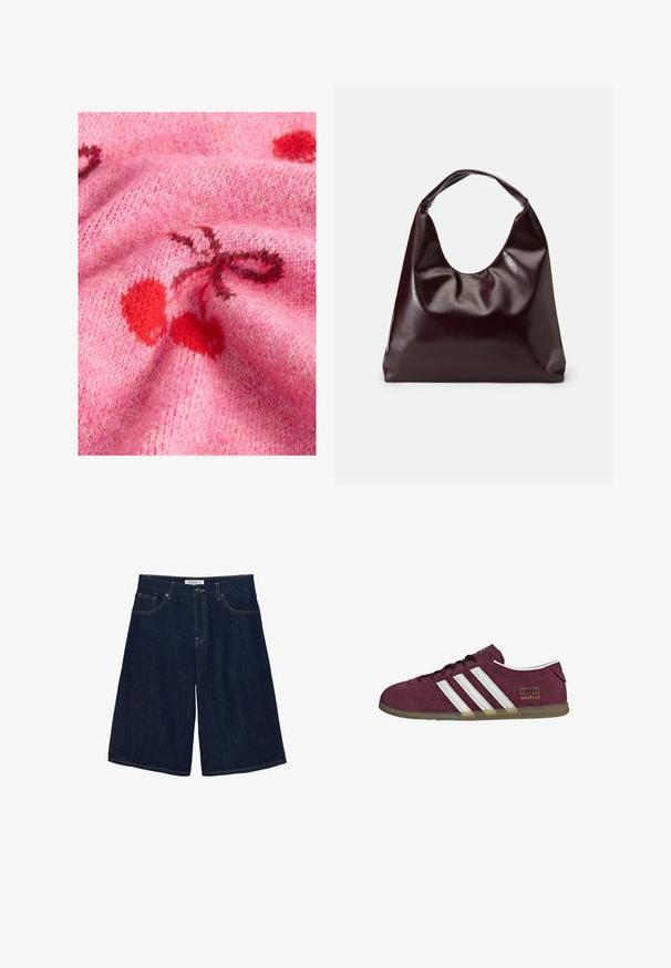 Tissu de pull en tricot rose avec une texture lisse, présentant des motifs de cerises rouges et des accents plus foncés. L'arrière-plan met en valeur un aspect doux et duveteux.; Shorts en denim bleu foncé jusqu'au genou avec fermeture par bouton et zip, poches avant et arrière, et coutures contrastées.; Baskets en daim bordeaux avec accents rayés blancs, bout arrondi et semelle en caoutchouc gomme. Comprend une étiquette logo sur le côté extérieur.; Sac en cuir vegan bordeaux, brillant, avec une forme douce et sculpturale et une large poignée incurvée pour un transport facile.