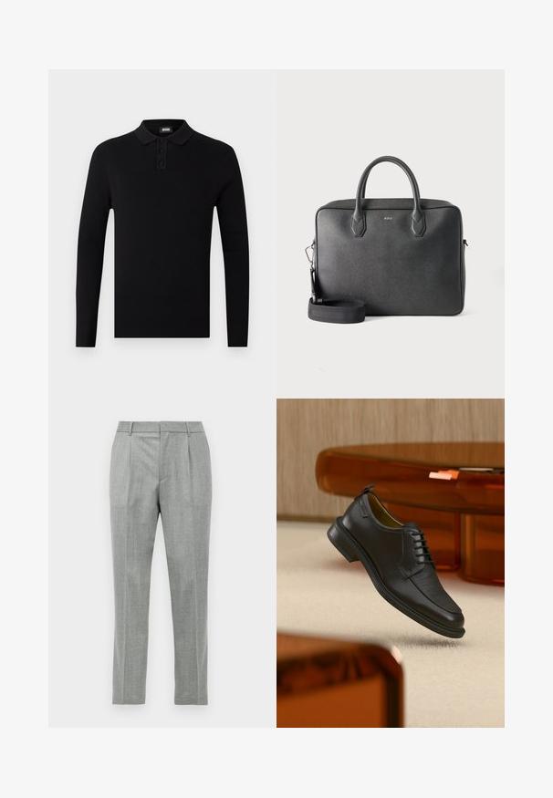 Polo-shirt noir à manches longues avec une texture côtelée, patte de boutonnage à trois boutons et un col doux. Design simple et polyvalent.; Pantalons de costume gris clair avec plis avant, passants de ceinture et coupe droite sur fond blanc.; Chaussure habillée noire en cuir à lacets avec devant texturé, flottant au-dessus d'un tapis beige dans une pièce moderne avec des meubles teintés d'ambre.; Serviette en cuir noire avec deux poignées supérieures, bandoulière détachable et petit logo BOSS centré à l'avant sur fond uni.