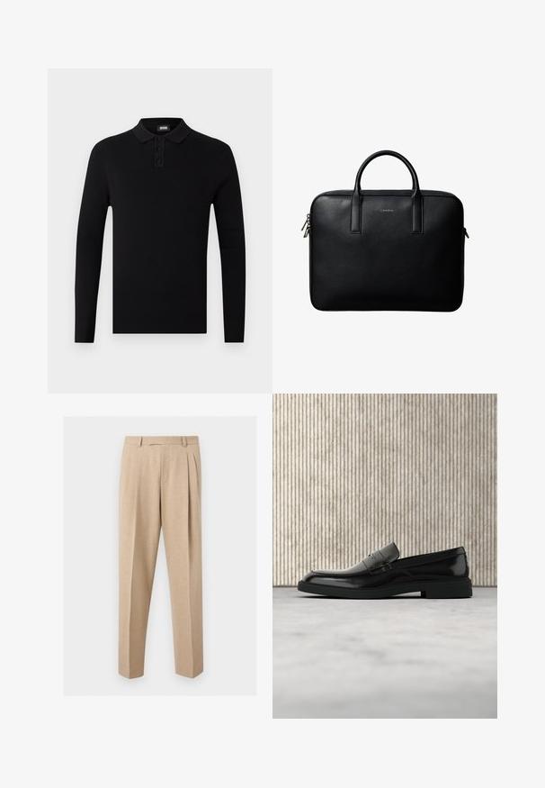 Sort langærmet polo-shirt med ribbet tekstur, tre-knaps placket og en blød krave. Enkel og alsidig design.; Beige skræddersyede bukser med frontplisser, bæltestropper og lige ben, vist mod en ensartet lys baggrund.; Sort poleret læderloafer flydende over beige tæppe med orange gennemsigtigt møbel i baggrunden.; Sort tekstureret lædermappe med dobbelte håndtag og sølv lynlås, centreret på hvid baggrund.