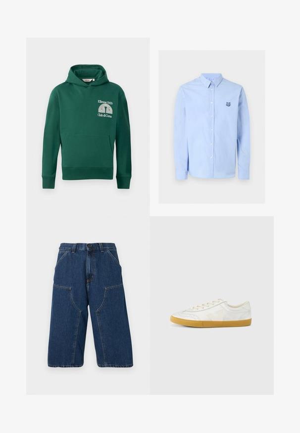 Grüne Kapuzenjacke aus Baumwollmischung, ausgestattet mit einer vorderen Kängurutasche und gesticktem Logo mit dem Text "Ellesse 1959" und "Club di Corsa".; Hellblaues, langärmliges Hemd mit Knopfleiste, Kragen und kleinem besticktem Wolfskopf-Logo auf der linken Brust.; Dunkelblaue Denim-Shorts mit weitem Bein, vorderen Taschen, Gürtelschlaufen und Knopfverschluss.; Weißer Ledersneaker mit glatter Textur, beigefarbenem „V“-Logo, rundem Zehenbereich, Schnürdesign und einer Sohle aus Gummireifen.