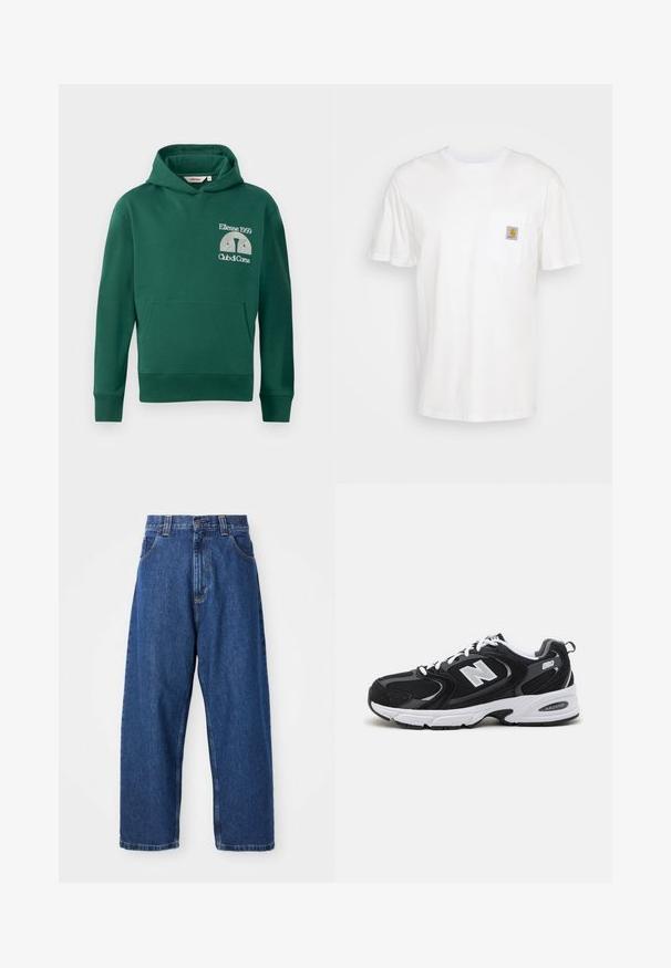 Grüne Kapuzenjacke aus Baumwollmischung, ausgestattet mit einer vorderen Kängurutasche und gesticktem Logo mit dem Text "Ellesse 1959" und "Club di Corsa".; Weißes Baumwoll-T-Shirt mit kurzen Ärmeln, einer Brusttasche und einem kleinen quadratischen Logopatch in Orange und Weiß auf der Tasche.; Weite Jeans aus Denim in Dunkelblau. Hohe Taille, Gürtelschlaufen und klassisches Fünf-Taschen-Design. Gestickter Saum mit sauberem Finish.; Schwarze und graue Sportschuhe mit Obermaterial aus Mesh und Wildleder, ausgestattet mit einer weißen Zwischensohle, Schnürsenkeln und einem markanten "N"-Logo an der Seite.