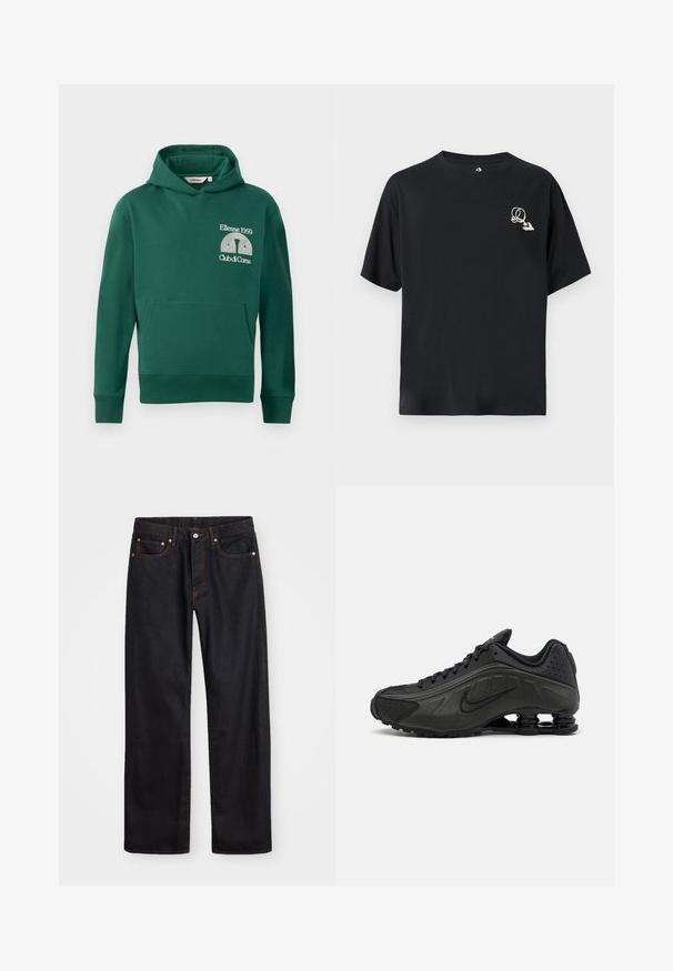 Grüne Kapuzenjacke aus Baumwollmischung, ausgestattet mit einer vorderen Kängurutasche und gesticktem Logo mit dem Text "Ellesse 1959" und "Club di Corsa".; Schwarzes Baumwoll-T-Shirt mit lockerem Schnitt, kurzen Ärmeln und einem kleinen, kontrastierenden Grafiklogo auf der linken Brust. Klassisches Rundhalsausschnitt-Design.; Herren gerade geschnittene schwarze Jeans aus Denim mit fünf Taschen und orangefarbenen Nähten, Knopf- und Reißverschluss vorne am Bund.; Schwarze Laufschuhe mit einem glatten synthetischen Obermaterial, durchbrochenen Akzenten, strukturierten Seitenpaneelen und einer ausgeprägten federnden Sohle.
