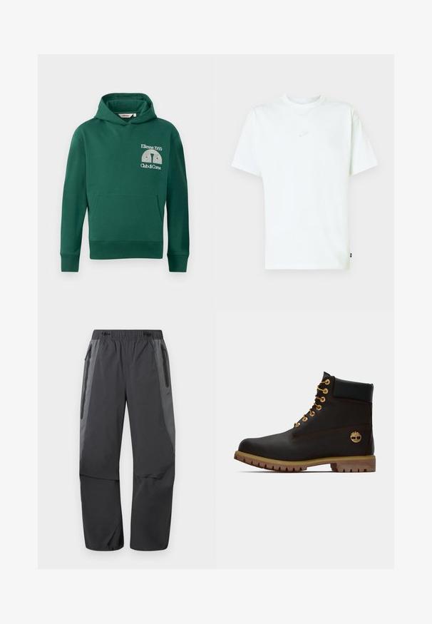 Roheline puuvillaseguse kandiga kapuutsi särk, millel on ees kangaroo tasku ja tikand "Ellesse 1959" ning "Club di Corsa" tekstiga.; Valge puuvillane T-särk ümara kaelusega, lühikeste varrukatega ja väikese reljeeftehnikas Nike logoga rinnal. Pehme tekstuur ja lõdvestunud istuvus.; Tumedad ja musta värvi matkaspordipüksid elastse vöörihma ja lukuga küljetaskutega, mõeldud õues tegevusteks.; Must have kuld moodustatud mustast nahast pahkluu saapad kullavärvi silmadega, pruuni aktsentidega ja kummitald. Omab pehmendatud krae ja kõrvale reljeefset logo.