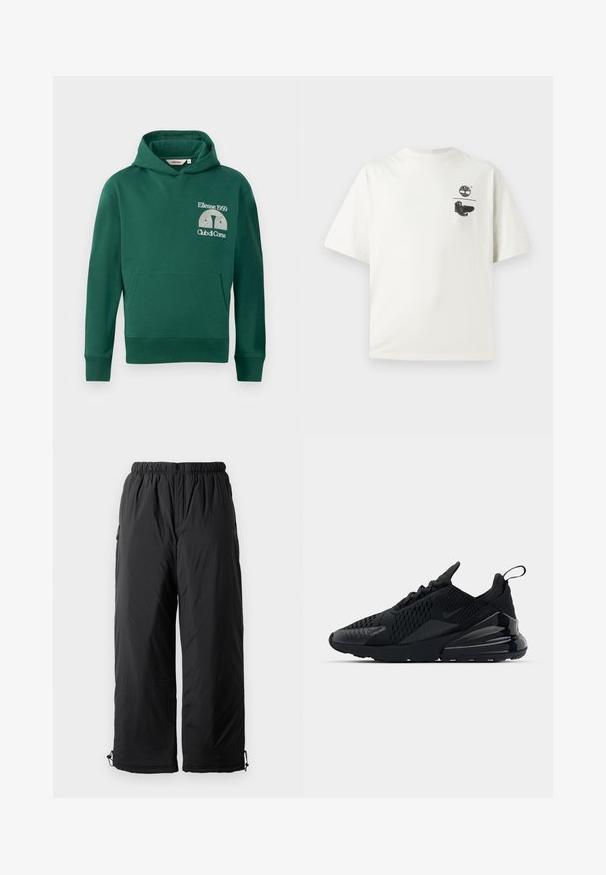 Vihreä huppari, joka on valmistettu puuvillasekoitteesta. Hupparissa on edessä kengurutasku ja brodeerattu logo, jossa on tekstit "Ellesse 1959" ja "Club di Corsa".; Valkoinen puuvillapaita lyhyillä hihoilla. Vasemmassa rinnassa musta graafinen printti puusta ja saappaista. Yksinkertainen, rento malli.; Mustat eristetyt housut, joissa on joustava vyötärö, sivutaskut ja säädettävät lahkeet. Silkkinen kangas, jossa on hieman kiiltävä pinta.; Black Nike Air Max 270 -kengät, joissa on teksturoitu päällinen, verkkopaneelit ja kiiltävä kantapää, jossa on erityinen ilmatyyny.