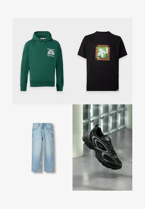 Zelená mikina s kapucňou z bavlneného zmesi, s predným klokaním vreckom a vyšitým logom s textom "Ellesse 1959" a "Club di Corsa".; Čierne tričko s krátkym rukávom s centrálnou štvorcovou grafikou bielych kvetov, zelených stoniek a oranžovým geometrickým okrajom.; Svetlomodré rifle s rovnými nohavicami, piatimi vreckami, zapínaním na gombíky a viditeľným šitím na bielom pozadí.; Čierna atletická obuv z textilnej a syntetickej vrstvy, so štruktúrovanou podrážkou, elegantným dizajnom, striebornými doplnkami a šnurovaním vpredu.
