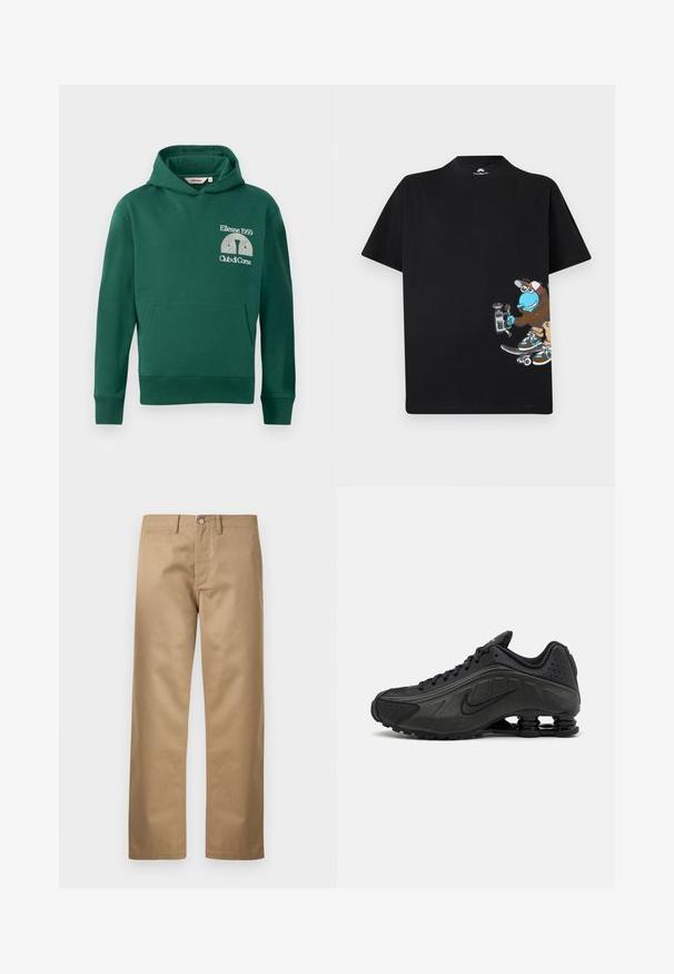 Grüne Kapuzenjacke aus Baumwollmischung, ausgestattet mit einer vorderen Kängurutasche und gesticktem Logo mit dem Text "Ellesse 1959" und "Club di Corsa".; Schwarzes T-Shirt mit kurzen Ärmeln mit einer Cartoonfigur, die Skateboard fährt und eine Videokamera hält, trägt eine Kappe und blaue Sneakers unten rechts.; Tan-Chinos aus glattem Baumwollstoff, mit einem klassischen geraden Bein, Vorderseiten-Taschen und einer einzelnen Gesäßtasche.; Schwarze Laufschuhe mit einem glatten synthetischen Obermaterial, durchbrochenen Akzenten, strukturierten Seitenpaneelen und einer ausgeprägten federnden Sohle.