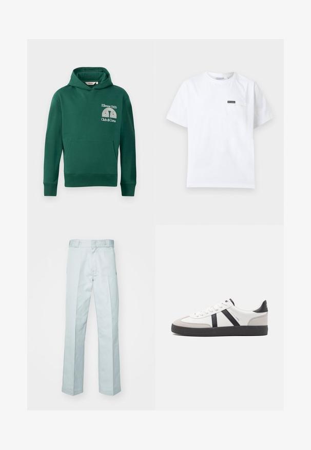 Groene hoodie van een katoenmix, met een voorvak in kangoeroestijl en een geborduurd logo met de tekst "Ellesse 1959" en "Club di Corsa".; Wit T-shirt met korte mouwen en een ronde hals, voorzien van een klein borstzakje met een zwarte Columbia-logo patch.; Lichtblauwe katoenen broeken met een rechte pijp, voorzien van subtiele plooi lijnen en een gladde textuur, afgewerkt met een standaard tailleband.; Witte sneaker met zwarte en grijze accenten, voorzien van een grijze neus met textuur, zwarte rubberen zool en platte witte veters. Schoon ontwerp, minimalistische stijl.