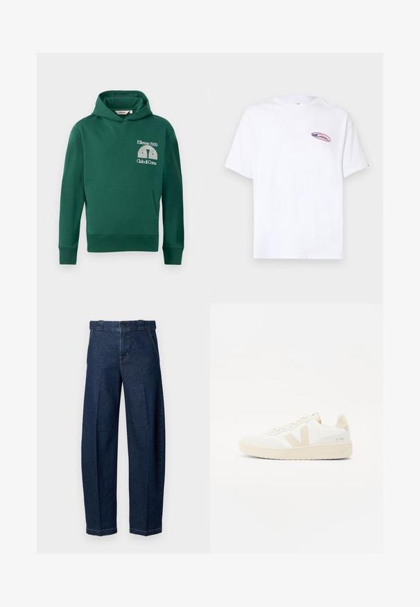 Groene hoodie van een katoenmix, met een voorvak in kangoeroestijl en een geborduurd logo met de tekst "Ellesse 1959" en "Club di Corsa".; Witte T-shirt met korte mouwen en een klein ovaalvormig roze en blauw logo op de linkerborst, afgebeeld tegen een effen lichte achtergrond.; Donkerblauwe denim broek met wijde pijpen, een hoge taille en plooien aan de voorkant. Voorzien van standaard stiksels en een klassieke knoopsluiting.; Witte sneaker met beige accenten, voorzien van een gestructureerde bovenkant, ronde neus en een dikke rubberen zool. Het ontwerp bevat het iconische V-logo en merkbranding.