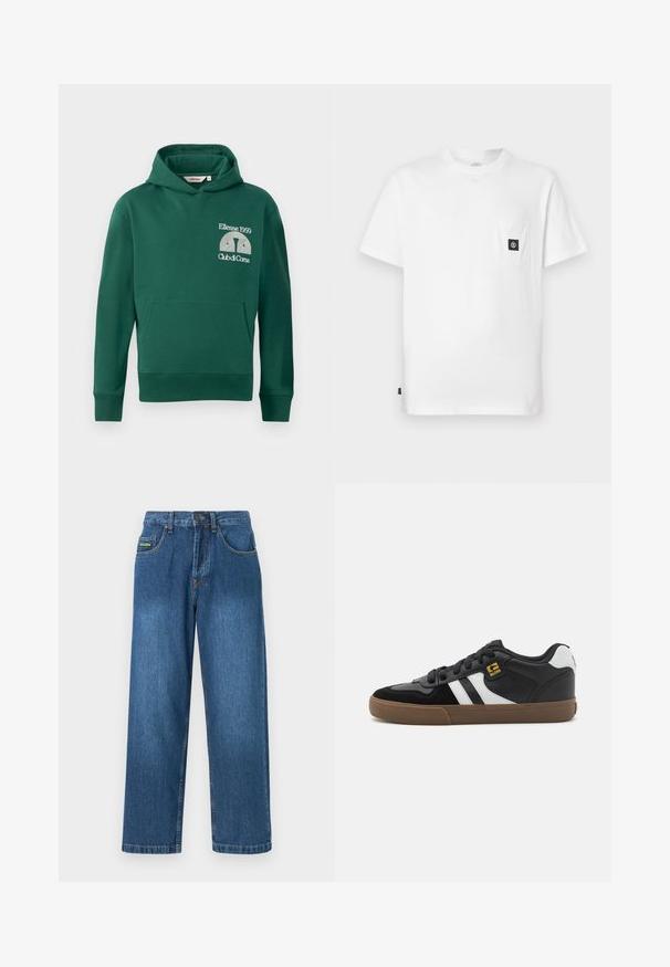 Grüne Kapuzenjacke aus Baumwollmischung, ausgestattet mit einer vorderen Kängurutasche und gesticktem Logo mit dem Text "Ellesse 1959" und "Club di Corsa".; Weißes Baumwoll-T-Shirt mit Rundhalsausschnitt, kurzen Ärmeln und einer Brusttasche mit schwarzem Logo-Patch. Glatte Textur, lockere Passform.; Denim-Jeans in einem mittleren Blauton mit geradem Bein, fünf Taschen und gelben Nähtelementen.; Schwarz-weiße Sneakers mit einem Obermaterial aus Wildleder und Leder, ausgestattet mit weißen Streifen, schwarzen Schnürsenkeln und einer braunen Gummisohle. Mit goldenen Logo-Akzenten.