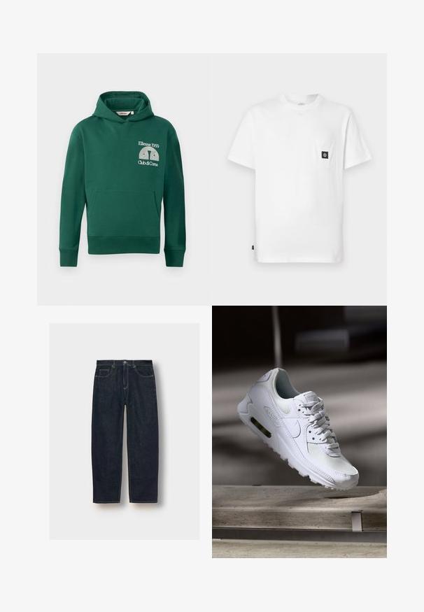 Grüne Kapuzenjacke aus Baumwollmischung, ausgestattet mit einer vorderen Kängurutasche und gesticktem Logo mit dem Text "Ellesse 1959" und "Club di Corsa".; Weißes Baumwoll-T-Shirt mit Rundhalsausschnitt, kurzen Ärmeln und einer Brusttasche mit schwarzem Logo-Patch. Glatte Textur, lockere Passform.; Dunkelblaue Jeans aus Denim mit lockerer Passform, fünf Taschen und Kontrastnähten. Mit einem Knopf- und Reißverschluss ausgestattet. Glatte Textur.; Weiße Nike Air Max 90 Sneaker mit einem Obermaterial aus Mesh und Leder, durchlässigem Zehenbereich und einer sichtbaren Air-Einheit in der Ferse.