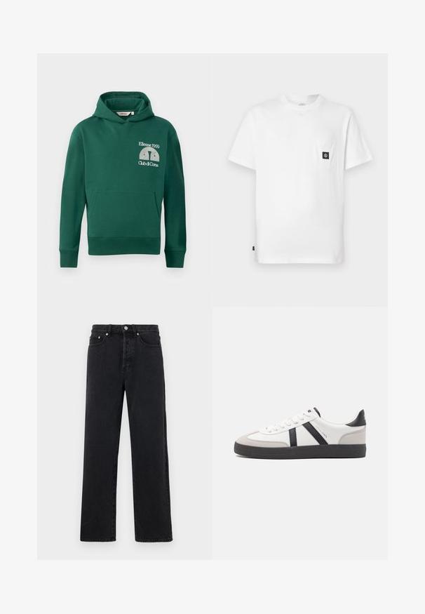 Groene hoodie van een katoenmix, met een voorvak in kangoeroestijl en een geborduurd logo met de tekst "Ellesse 1959" en "Club di Corsa".; Witte katoenen T-shirt met een ronde hals, korte mouwen en een borstzakje met een zwarte logo-patch. Gladde textuur, losse pasvorm.; Zwarte denim jeans met rechte pijpen en een hoge taille, voorzien van vijf zakken en sluiting met metalen knoop. De stof heeft een gladde textuur en een lichte glans.; Witte sneaker met zwarte en grijze accenten, voorzien van een grijze neus met textuur, zwarte rubberen zool en platte witte veters. Schoon ontwerp, minimalistische stijl.