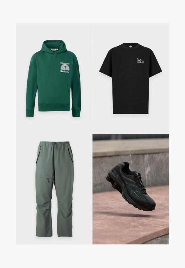 Groene hoodie van een katoenmix, met een voorvak in kangoeroestijl en een geborduurd logo met de tekst "Ellesse 1959" en "Club di Corsa".; Zwart T-shirt met korte mouwen van katoen, met een frontale grafische "Dickies" logo in een contrasterende lichte kleur. Standaard ronde hals ontwerp.; Groene, lichte broeken met een elastische tailleband, trekkoord en meerdere zakken. Gladde textuur met een ontspannen, losse pasvorm.; Zwarte atletische sneaker met zichtbare luchtgeveerde tussenzool die boven een roze stenen oppervlak zweeft met een grijze stenen muur op de achtergrond.