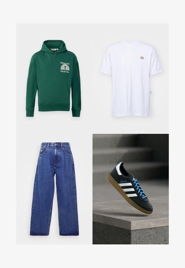 Roheline puuvillaseguse kandiga kapuutsi särk, millel on ees kangaroo tasku ja tikand "Ellesse 1959" ning "Club di Corsa" tekstiga.; Valge puuvillane T-särk, millel on V-kaelus ja lühikesed varrukad. Ees vasakul rinnal on väike värvikas tikand. Pehme tekstuur.; Laiad sinised denim püksid kõrge vöökohaga, viie tasku, nupukinnitusega ja õrna pleekimisega tekstuuri jaoks.; Must Adidas toss valgete triibu, siniste paelte ja kummist tallaga, hõljuv pehme valgusega halli betoonastme kohal.