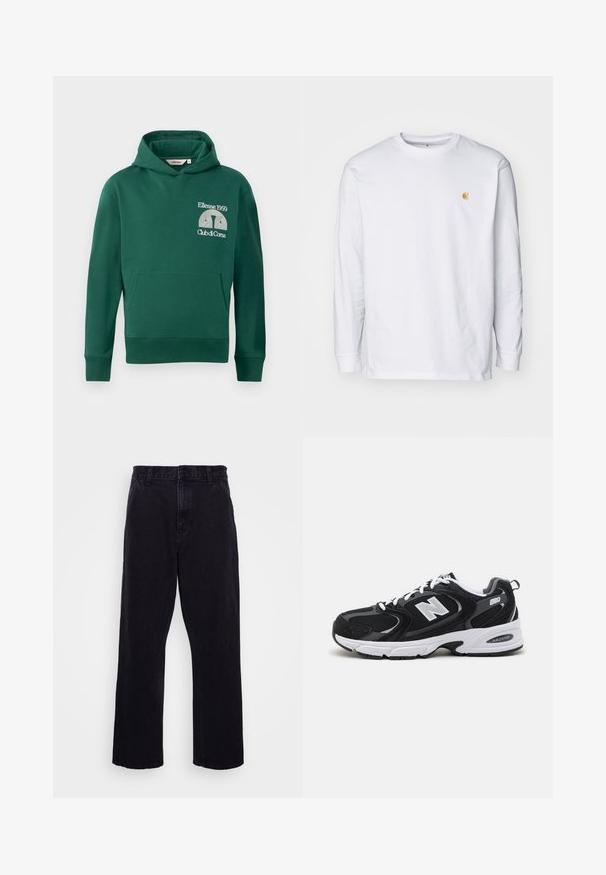 Roheline puuvillaseguse kandiga kapuutsi särk, millel on ees kangaroo tasku ja tikand "Ellesse 1959" ning "Club di Corsa" tekstiga.; Valge pika varrukaga T-särk, mis on valmistatud puuvillast. Rinnal on väike kuldne logo ja ümar kaelus. Lihtne disain ja standardne lõige.; Mustad denimitüüpi püksid otse lõikega, varustatud nööbi ja tõmbluku kinnitusega, vöörihmadega ning minimaalsete õmbluse detailidega.; Must värvi ja hallid spordijalatsid, mille ülemine osa on valmistatud võrgust ja nahast, valge vaheosaga, paeltega ja küljel julge "N" logo.