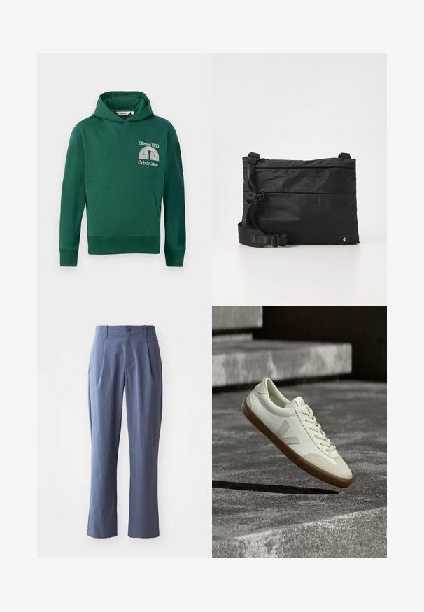 Grüne Kapuzenjacke aus Baumwollmischung, ausgestattet mit einer vorderen Kängurutasche und gesticktem Logo mit dem Text "Ellesse 1959" und "Club di Corsa".; Marineblaue Hose mit Falten, gerader Schnitt, aus leichtem Stoff, mit einem einzigen Frontknopfverschluss und Gürtelschlaufen.; Weiße Leder-Sneaker mit beige-gummiartiger Sohle, flachen Schnürsenkeln und V-förmigem Akzent an der Seite. Verfügt über eine glatte Oberfläche und minimale Nahtdetails.; Schwarze Nylon-Umhängetasche mit verstellbarem Riemen, flachem Design und seitlichem Etikett mit Logo. Glatte Textur und minimalistischer Stil.