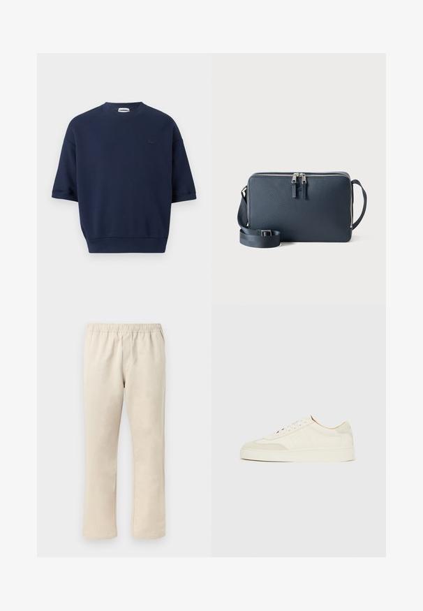 Sweatshirt bleu marine à manches courtes avec col rond, ourlet côtelé et petit logo sombre sur le côté gauche de la poitrine.; Pantalon beige à jambe droite avec taille élastique, devant plat et sans poches visibles sur un fond clair.; Baskets en daim blanc à finition lisse, embout rond, design lacé plat, avec des accents texturés contrastants. Comprend un détail de logo subtil.; Sac à main bleu marine texturé avec fermeture éclair, deux tirettes de fermeture, bandoulière réglable et design plat, convient à un usage décontracté.